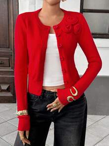 SHEIN PariChic Women's Autumn/Winter Elegant Elegant Red 3D Floral Decor Fitted Button-Front Cardigan - Red - View 6