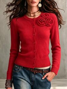 SHEIN PariChic Women's Autumn/Winter Elegant Elegant Red 3D Floral Decor Fitted Button-Front Cardigan - Red - View 8