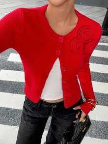 SHEIN PariChic Women's Autumn/Winter Elegant Elegant Red 3D Floral Decor Fitted Button-Front Cardigan - Red - View 5