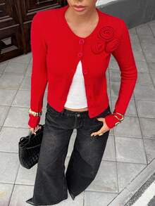 SHEIN PariChic Women's Autumn/Winter Elegant Elegant Red 3D Floral Decor Fitted Button-Front Cardigan - Red - View 7