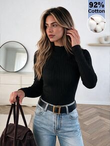Serisse قميص تي شيرت نسائي بياقة عالية وأكمام طويلة وقصة ضيقة، قطن 92%، لون أسود - الأسود - مشاهدة 3