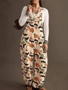 EMERY ROSE Plus Size Women's Spring/Summer Elegant Casual Traditional Fashion Commute Vacation Formal Striped Pocket Drawstring Jumpsuit Halloween Cream Fall - Multicolor - View 10