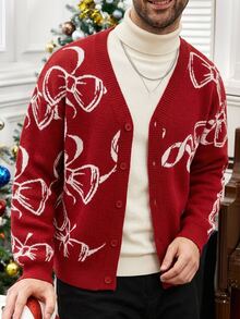 Manfinity Homme 聖誕男士蝴蝶結圖案長袖單排扣針織開襟衫，適合情侶穿著（僅限成人，不適用嬰兒） - 紅色 - 查看 4