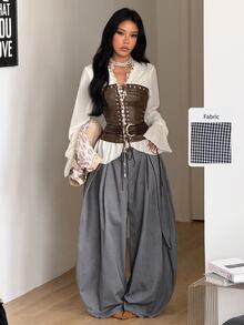 Coolane 女款秋冬復古休閒嬉皮風街頭寬鬆軍風深藍格紋長褲，秋季女裝，女款工作服，萬聖節女裝服飾 - 藏蓝色 - 查看 6