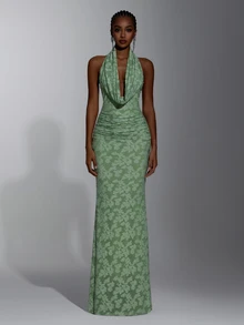 Elitara Elegant Sage Green Lace Floral Ruched Halter Deep V Neck Bodycon Mermaid Floor Length Evening Gown Formal Bridesmaid Wedding Guest Prom Party Dress - Green - View 7