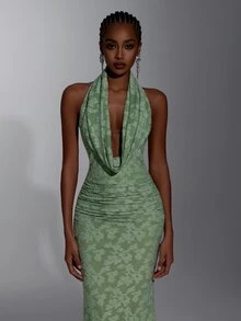 Elitara Elegant Sage Green Lace Floral Ruched Halter Deep V Neck Bodycon Mermaid Floor Length Evening Gown Formal Bridesmaid Wedding Guest Prom Party Dress - Green - View 3