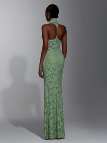 Elitara Elegant Sage Green Lace Floral Ruched Halter Deep V Neck Bodycon Mermaid Floor Length Evening Gown Formal Bridesmaid Wedding Guest Prom Party Dress - Green - View 1