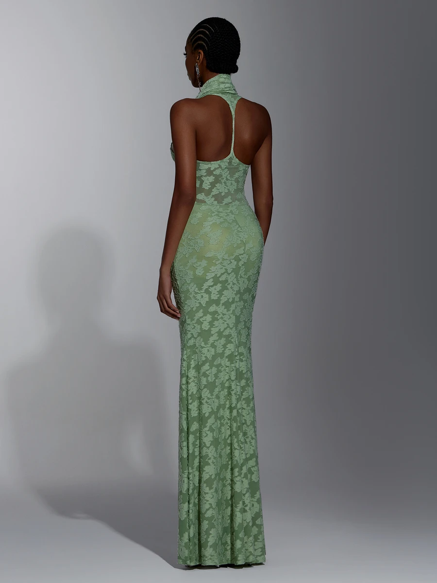 Elitara Elegant Sage Green Lace Floral Ruched Halter Deep V Neck Bodycon Mermaid Floor Length Evening Gown Formal Bridesmaid Wedding Guest Prom Party Dress - Green - View 1
