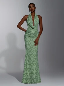 Elitara Elegant Sage Green Lace Floral Ruched Halter Deep V Neck Bodycon Mermaid Floor Length Evening Gown Formal Bridesmaid Wedding Guest Prom Party Dress - Green - View 2
