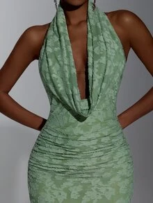 Elitara Elegant Sage Green Lace Floral Ruched Halter Deep V Neck Bodycon Mermaid Floor Length Evening Gown Formal Bridesmaid Wedding Guest Prom Party Dress - Green - View 6