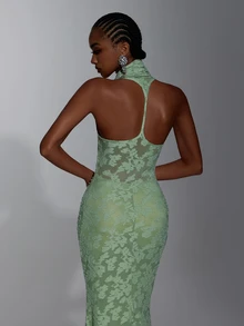 Elitara Elegant Sage Green Lace Floral Ruched Halter Deep V Neck Bodycon Mermaid Floor Length Evening Gown Formal Bridesmaid Wedding Guest Prom Party Dress - Green - View 4