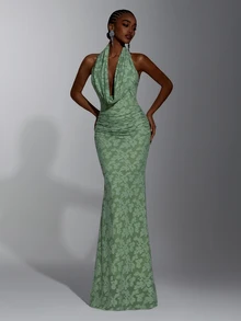 Elitara Elegant Sage Green Lace Floral Ruched Halter Deep V Neck Bodycon Mermaid Floor Length Evening Gown Formal Bridesmaid Wedding Guest Prom Party Dress - Green - View 5