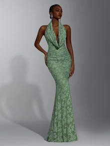 Elitara Elegant Sage Green Lace Floral Ruched Halter Deep V Neck Bodycon Mermaid Floor Length Evening Gown Formal Bridesmaid Wedding Guest Prom Party Dress - Green - View 8