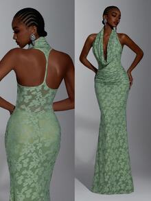 Elitara Elegant Sage Green Lace Floral Ruched Halter Deep V Neck Bodycon Mermaid Floor Length Evening Gown Formal Bridesmaid Wedding Guest Prom Party Dress - Green - View 9