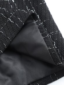 Trelyra Gold Braided Lace Trim Heavy Metal Button Black Tweed Round Neck Jacket, Suitable For Commuting, Banquet, Date, Daily Wear, All Seasons - Black - View 3