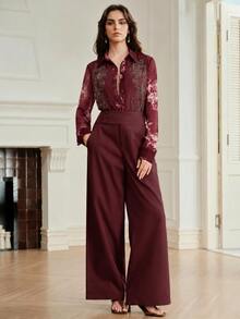 Anewsta Women's Fashion Casual Beaded Floral Patchwork Print Chiffon Elegant Blouse - Red - View 6