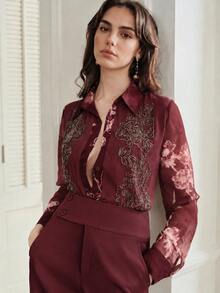 Anewsta Women's Fashion Casual Beaded Floral Patchwork Print Chiffon Elegant Blouse - Red - View 4