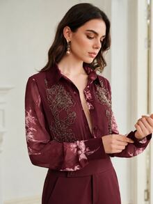 Anewsta Women's Fashion Casual Beaded Floral Patchwork Print Chiffon Elegant Blouse - Red - View 5