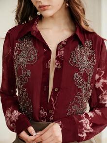 Anewsta Women's Fashion Casual Beaded Floral Patchwork Print Chiffon Elegant Blouse - Red - View 7