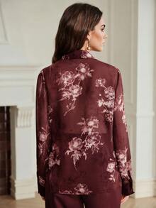 Anewsta Women's Fashion Casual Beaded Floral Patchwork Print Chiffon Elegant Blouse - Red - View 2