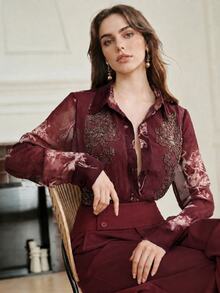 Anewsta Women's Fashion Casual Beaded Floral Patchwork Print Chiffon Elegant Blouse - Red - View 1