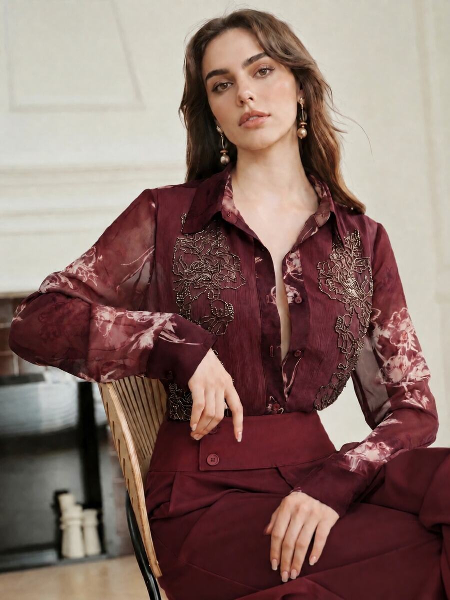 Anewsta Women's Fashion Casual Beaded Floral Patchwork Print Chiffon Elegant Blouse - Red - View 1