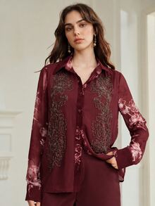 Anewsta Women's Fashion Casual Beaded Floral Patchwork Print Chiffon Elegant Blouse - Red - View 3