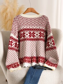 CosyJoli Plus Size Fashion Jacquard Long Sleeve Sweater For Holiday & Vacation Winter - Multicolor - View 3