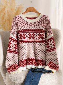 CosyJoli Plus Size Fashion Jacquard Long Sleeve Sweater For Holiday & Vacation Winter - Multicolor - View 4