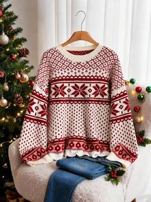 CosyJoli Plus Size Fashion Jacquard Long Sleeve Sweater For Holiday & Vacation Winter - Multicolor - View 2