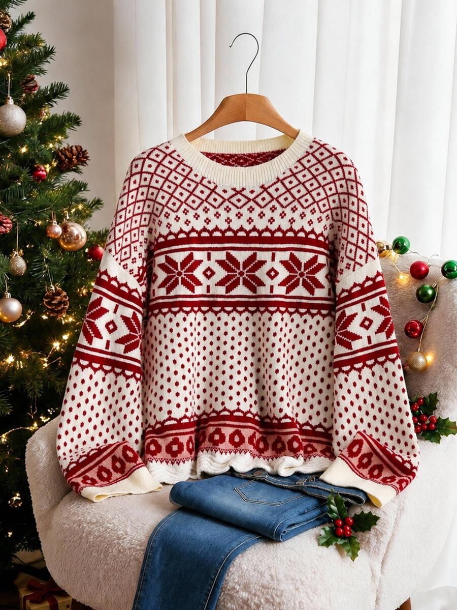 CosyJoli Plus Size Fashion Jacquard Long Sleeve Sweater For Holiday & Vacation Winter