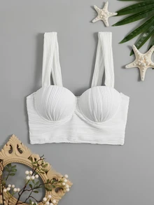 SHEIN Swim 褶邊提臀比基尼泳裝上衣 - 白色 - 查看 6