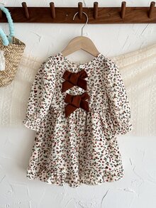 SHEIN Vintaside Kids 女嬰 0-3歲，1件休閒可愛仙女風秋季套裝，花朵印花蓬蓬洋裝，House Ninang 洗禮米色 - 卡其色 - 查看 5