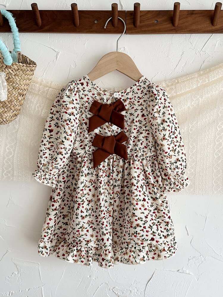SHEIN Vintaside Kids Baby Girl 0-3Years,1pc Casual Cute Fairy Style Autumn Outfits,Flower-Printing Puffy Dress. House Ninang Christening Beige - Khaki - View 4