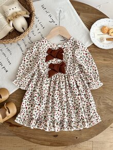 SHEIN Vintaside Kids 女嬰 0-3歲，1件休閒可愛仙女風秋季套裝，花朵印花蓬蓬洋裝，House Ninang 洗禮米色 - 卡其色 - 查看 11