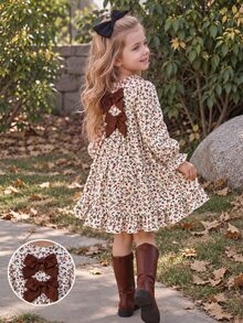 SHEIN Vintaside Kids 女嬰 0-3歲，1件休閒可愛仙女風秋季套裝，花朵印花蓬蓬洋裝，House Ninang 洗禮米色 - 卡其色 - 查看 2