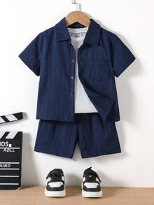 SHEIN 男孩日常休閒白色短袖口袋襯衫搭配短褲套裝，適合生日、洗禮、夏季 - 藏蓝色 - 查看 3
