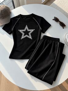 SHEIN 青少年女孩 2件/套 短袖圓領休閒寬鬆黑色夏季街頭風度假 T恤與長褲套裝，白色星星印花禮物 - 黑色 - 查看 1