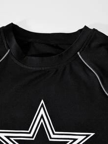 SHEIN 青少年女孩 2件/套 短袖圓領休閒寬鬆黑色夏季街頭風度假 T恤與長褲套裝，白色星星印花禮物 - 黑色 - 查看 6
