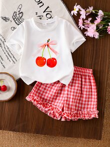 SHEIN Genkimix Kids 2件組女童品牌T恤套裝，韓系嬰幼兒西式寬鬆可愛短版上衣兩件套，夏季7歲生日櫻桃配色白色紅色 - 白色 - 查看 8