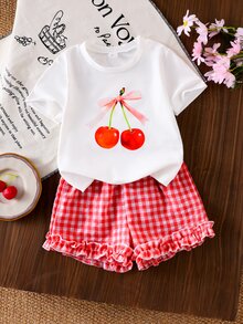 SHEIN Genkimix Kids 2件組女童品牌T恤套裝，韓系嬰幼兒西式寬鬆可愛短版上衣兩件套，夏季7歲生日櫻桃配色白色紅色 - 白色 - 查看 4