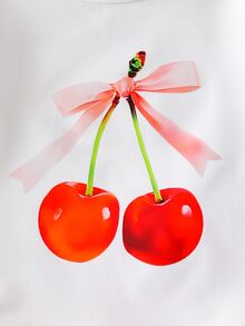 SHEIN Genkimix Kids 2件組女童品牌T恤套裝，韓系嬰幼兒西式寬鬆可愛短版上衣兩件套，夏季7歲生日櫻桃配色白色紅色 - 白色 - 查看 9