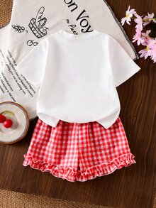 SHEIN Genkimix Kids 2件組女童品牌T恤套裝，韓系嬰幼兒西式寬鬆可愛短版上衣兩件套，夏季7歲生日櫻桃配色白色紅色 - 白色 - 查看 3