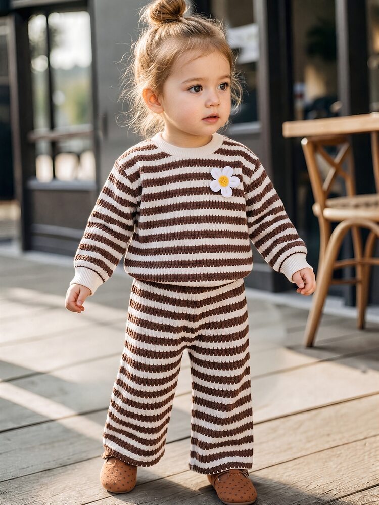 SHEIN Playful Pals Infant Baby Autumn/Winter Knitted Round Neck Off-White Jacquard T-Shirt Top Straight Leg Pants Floral Decoration Cute Graphic 2 Pieces Set For Girls - Khaki - View 3