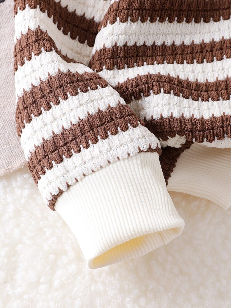 SHEIN Playful Pals Infant Baby Autumn/Winter Knitted Round Neck Off-White Jacquard T-Shirt Top Straight Leg Pants Floral Decoration Cute Graphic 2 Pieces Set For Girls - Khaki - View 6