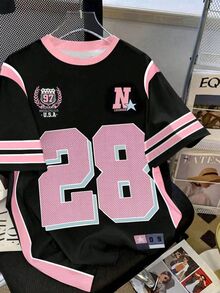 SHEIN 女童 Tech Youth 系列拼色數字 28 印花運動 T 恤，粉黑配色夏季休閒校園返校男孩女孩青少年 T 恤球衣 - 彩色 - 查看 3