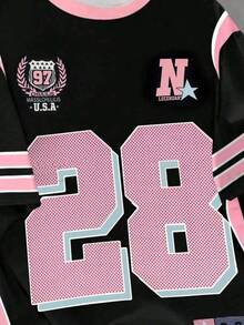 SHEIN 女童 Tech Youth 系列拼色數字 28 印花運動 T 恤，粉黑配色夏季休閒校園返校男孩女孩青少年 T 恤球衣 - 彩色 - 查看 5