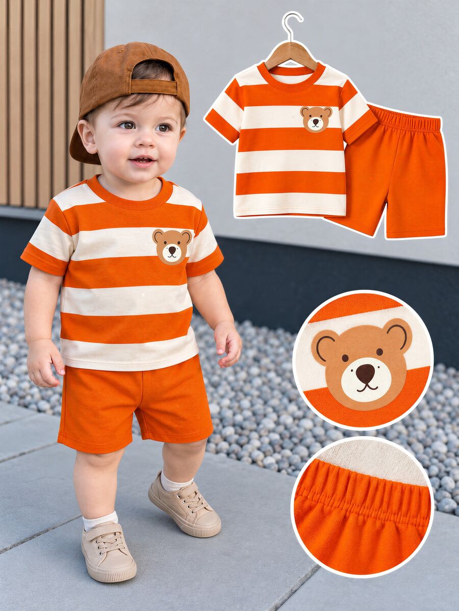 SHEIN Playful Pals 2pcs/Set Baju Bayi Laki-laki Motif Beruang Lucu & Garis-garis Leher Bulat Lengan Pendek + Celana Pendek Biru Tua, Cocok Untuk Beraktivitas di Musim Panas