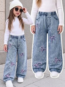 Young Girls Casual Light Blue Acid-Washed Denim Jeans With Pink Bow Embroidery,Loose Straight Fit,Soft Fabric,Fashionable Street Style For Fall Winter - Light Wash - View 1