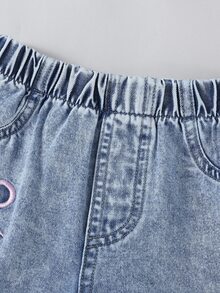 Young Girls Casual Light Blue Acid-Washed Denim Jeans With Pink Bow Embroidery,Loose Straight Fit,Soft Fabric,Fashionable Street Style For Fall Winter - Light Wash - View 7